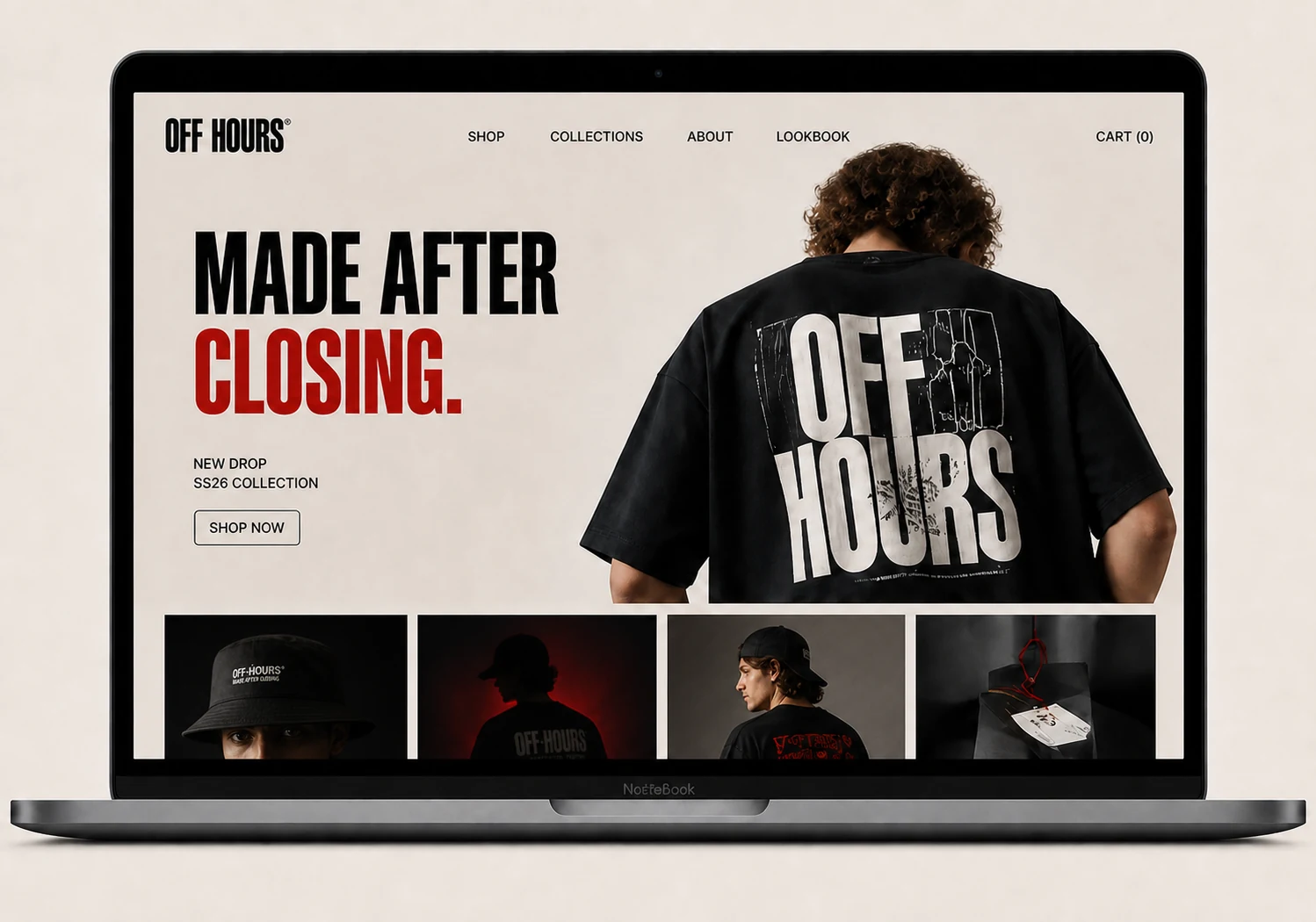 OFF HOURS e-commerce homepage shown on a laptop