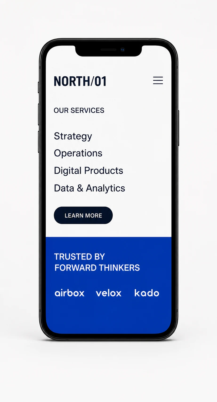 NORTH/01 services page shown on a phone